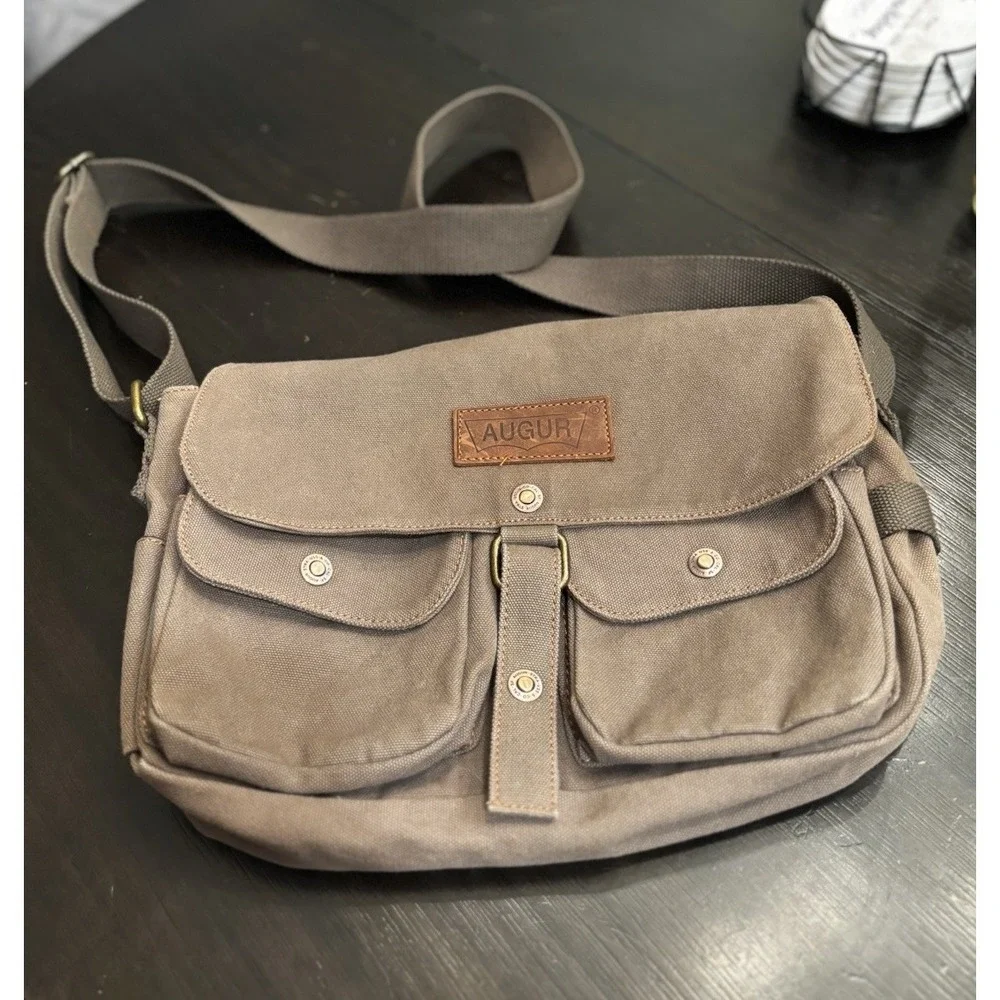Augur Canvas Messenger Bag Adjustable Strap Pockets Brown Durable Rugged